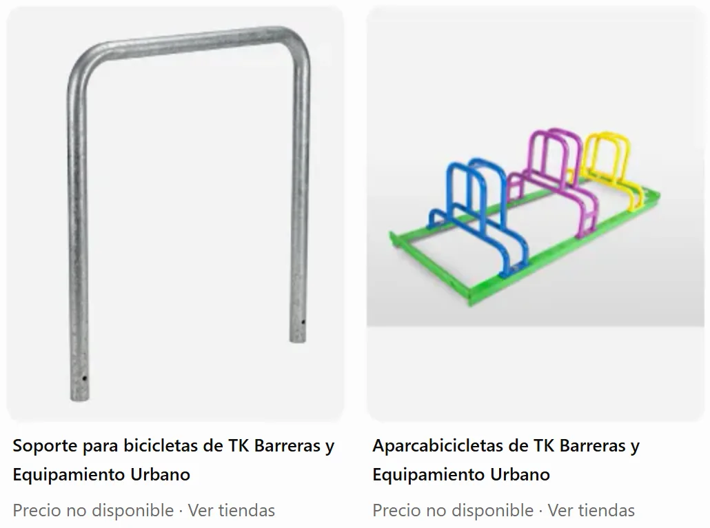 Tarjetas de producto de la respuesta original: soportes de apoyo para bicicletas y aparcabicicletas de TK Barreras y Equipamiento Urbano, precio no disponible