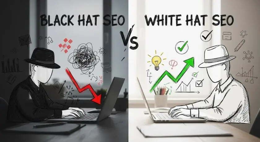 Ilustración comparando Black Hat SEO y White Hat SEO con gráficos y figuras que representan técnicas manipulativas frente a optimización ética.