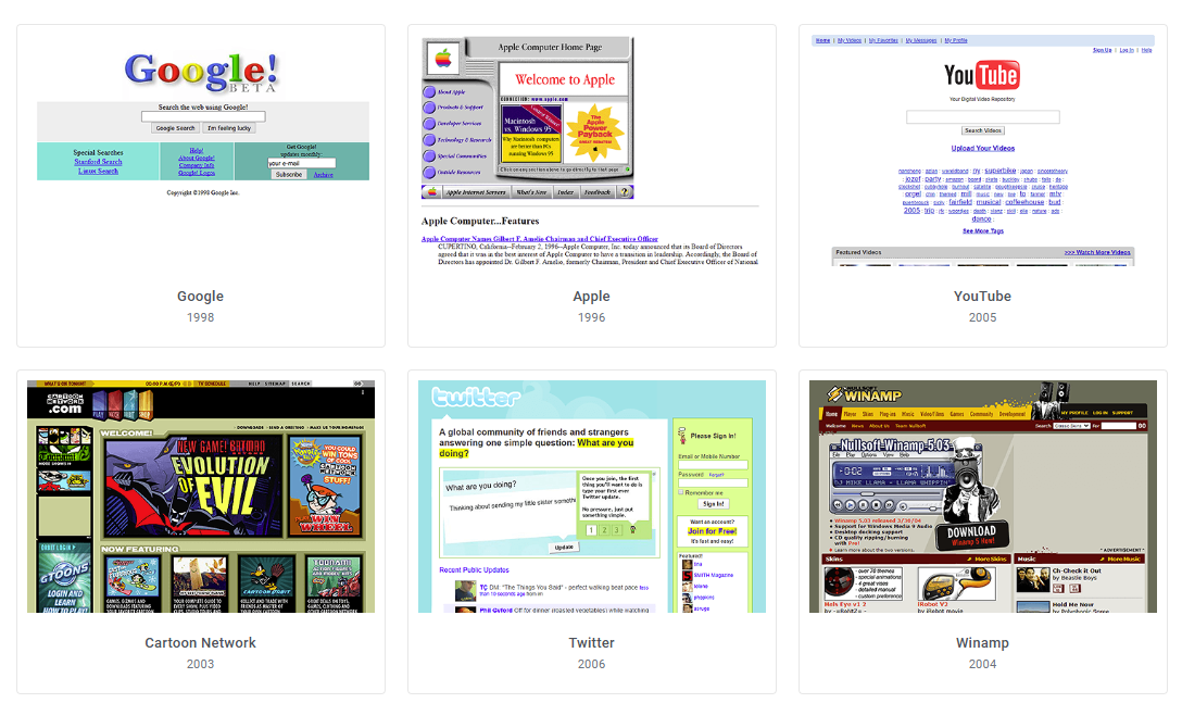 Capturas de pantalla que muestran ejemplos de páginas web antiguas y desactualizadas, utilizadas para ilustrar errores comunes de diseño web.